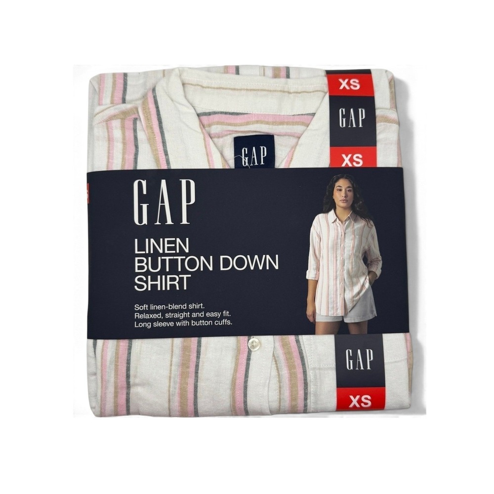 Gap Womens Linen Blend Button Down Shirt Pink Tan Stripe Relaxed Fit Size XS NWT
